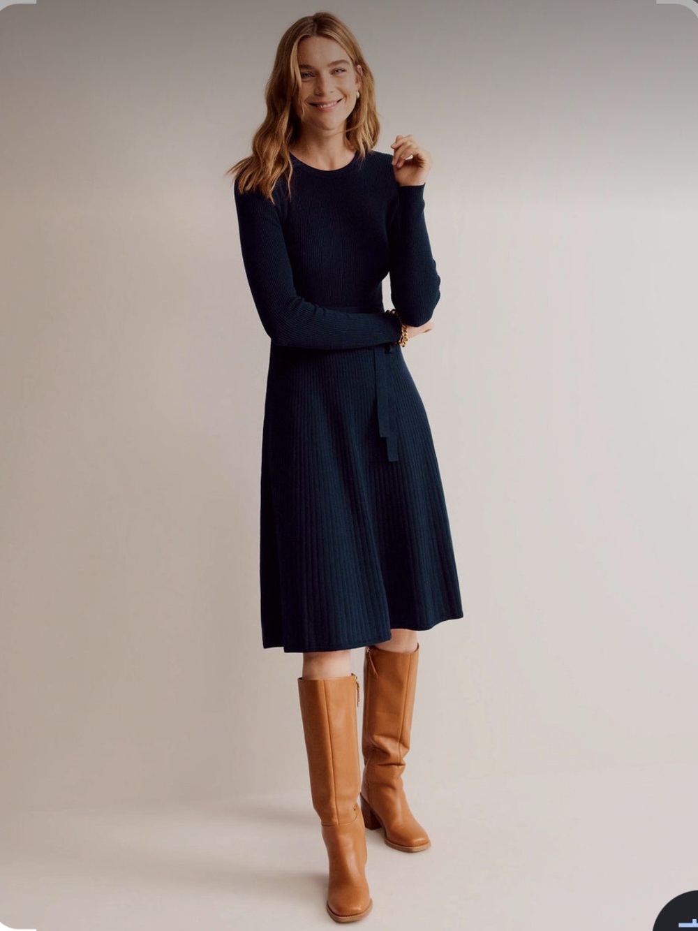Boden Women’s Lola Knitted Navy Blue Midi Dress. Size 14R. Long Sleeves, No Belt
